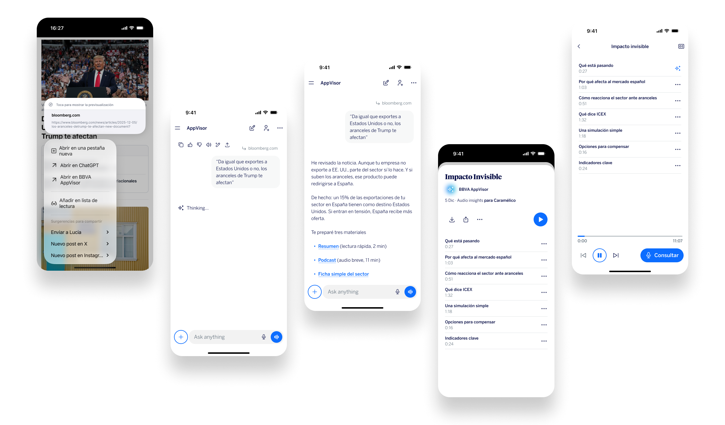BBVA AI — Mobile AppVisor and AI Podcast screens