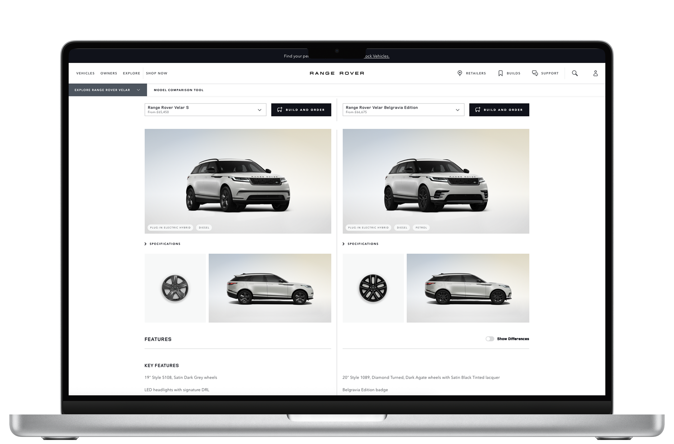 Land Rover — Range Rover Velar model comparison tool on MacBook